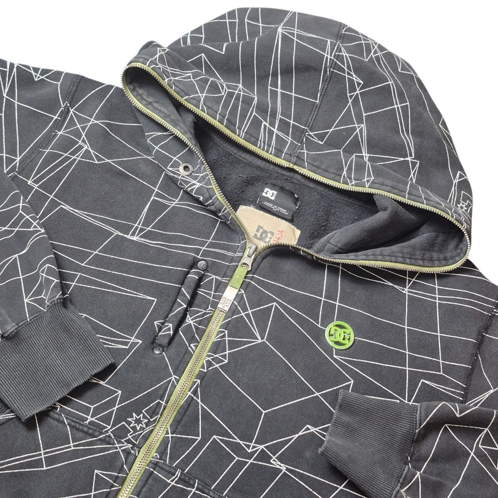 DC Shoes Mens M Full Zip Hoodie Black Geometric Y2K Skate Streetwear Thumb Holes